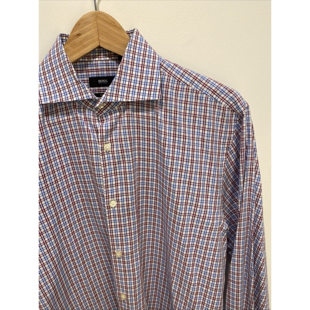 Hugo Boss Sharp Fit Mens Long Sleeve Plaid Button Down Shirt Blue Burgundy